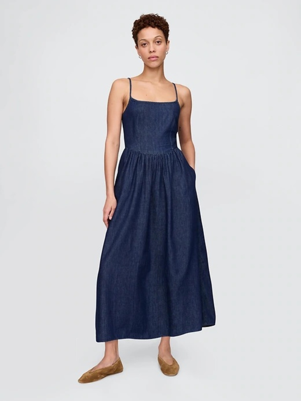 NEW GAP Navy Blue Fit & Flare Denim Drop-Waist Maxi Dress Size L